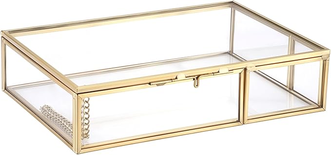 Hipiwe Gold Glass Photo Box - Vintage Photo Storage Organizer, Trinket Box Jewelry Display Organizer Photo Keepsake Box Case Home Decor (Medium)