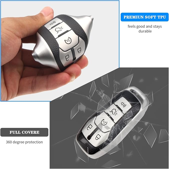 QBUC Key Fob Cover for Ford 2013-2018 Explorer F150 Lincoln MKC Fusion Mustang Edge 5 Buttons Smart Key (Silver, Series 1)