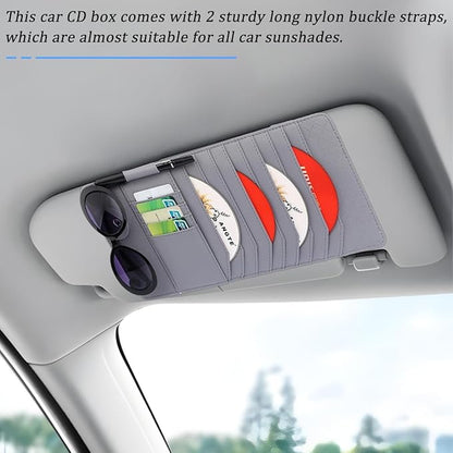 CD Case Holder for Car Sun Visor, Visor DVD Storage Organizer with Sunglasses Clip, Pen Holder & Card Slot, Multifunctional Automotive Disc Storage Pocket, Universal for SUV RV Truck (Gray)