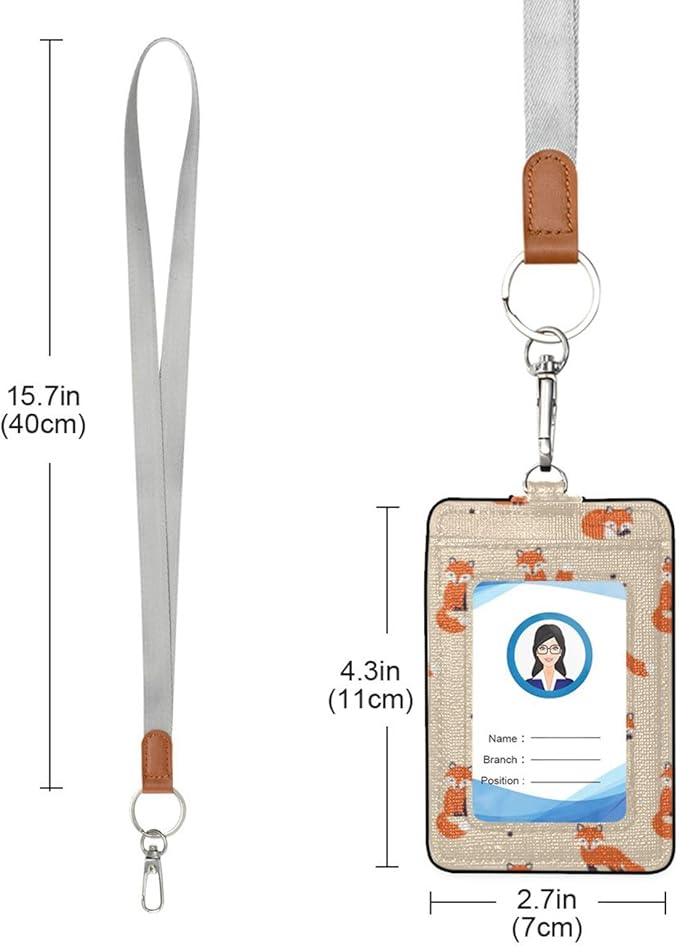 Moudou Fox ID Badge Holder with Lanyard, Vertical Leather ID Badge Card Holder for Office Staff, School Teacher and Student