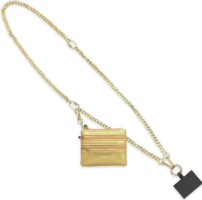 Save the Girls Clip and Go Phone Metal Chain with Pouch (Gold - Gold Pouch) – Stylish Phone Lanyard Crossbody with Wallet for Women, Hands-Free Carrying and Adjustable Crossbody Chain Strap