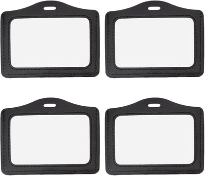 4PCS PU Leather Horizontal Photocard Protector with Clear Window Black Leather Badge Holder Waterproof ID Card Case Double Sided Name Badge Pouch for Offices Staff Students Employees