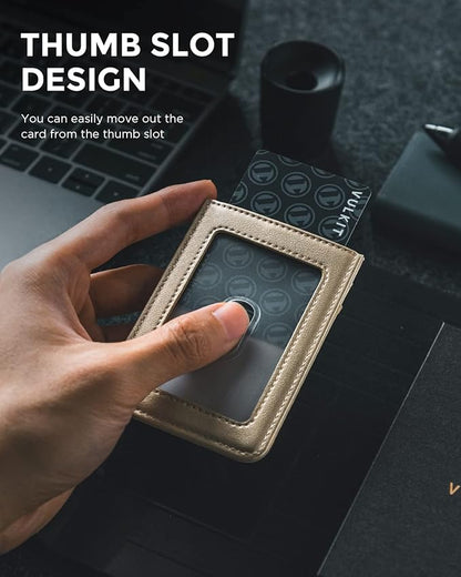 VULKIT ID Badge Holder with Lanyard for Women and Men Vertical Leather Badge Holder with Clear ID Window Card Holder Slot and Money Pocket Gold