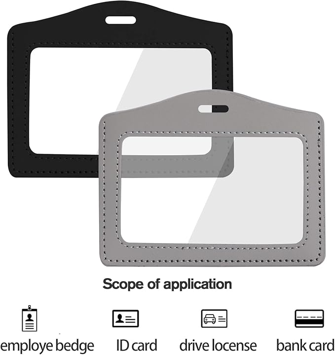 2 Pack Genuine Leather ID Badge Holders, Horizontal ID Card Holders with Dual-Side Clear Window, Waterproof Name Badge Holde Suit for Office, Staff, Students, Employees(Black&Gray)