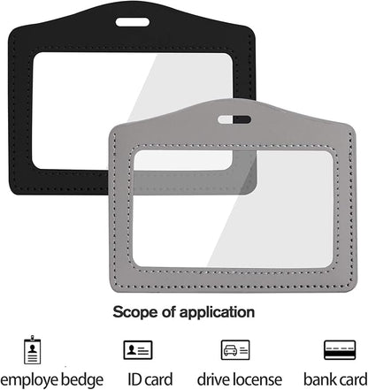 2 Pack Genuine Leather ID Badge Holders, Horizontal ID Card Holders with Dual-Side Clear Window, Waterproof Name Badge Holde Suit for Office, Staff, Students, Employees(Black&Gray)