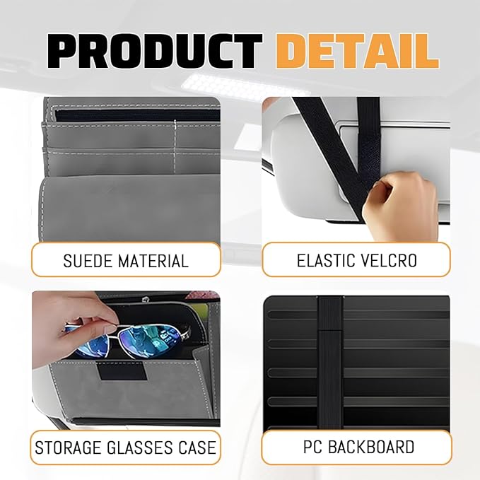 Car Sun Visor Organizer, Leather Vehicle Visor Card License Storage Pouch with Glasses Holder, Multifunctional Auto Interior Sunshade Document Pocket Organizer, Universal for Vehicles (Gray)