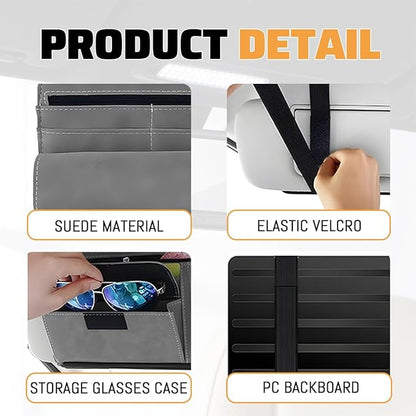 Car Sun Visor Organizer, Leather Vehicle Visor Card License Storage Pouch with Glasses Holder, Multifunctional Auto Interior Sunshade Document Pocket Organizer, Universal for Vehicles (Gray)