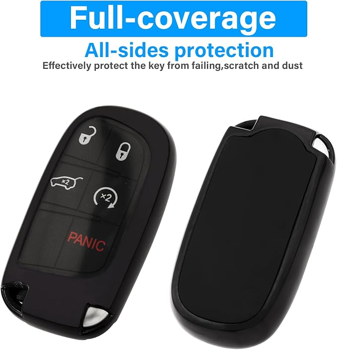 XIYANG TRADE for Jeep Key Fob Cover with Keychain,Soft TPU Key Case Shell Full Protection for Grand Cherokee Renegade Chrysler 200 300 Dodge RAM Durango Challenger Journey Dart Compass Charger(Black)