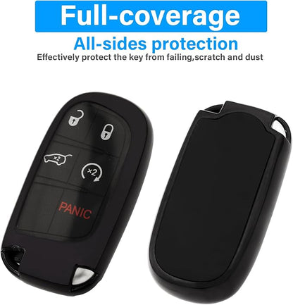 XIYANG TRADE for Jeep Key Fob Cover with Keychain,Soft TPU Key Case Shell Full Protection for Grand Cherokee Renegade Chrysler 200 300 Dodge RAM Durango Challenger Journey Dart Compass Charger(Black)