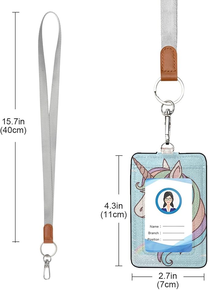 Badge Holder, Cartoon Unicorn PU Leather School College Business ID Badge Card Holder Wallet Case with 1 Clear Window, 2 Credit Card Slots and Detachable Neck Lanyard - Vertical
