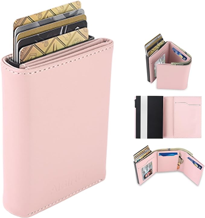 Small Wallet for Men-Pop Up Card Case,with Money Clip Slim Leather Slots Credit Card Holder RFID Blocking Trifold Minimalist Wallet with ID Window and Coin Purse(Pink Small Wallet for Men Gift