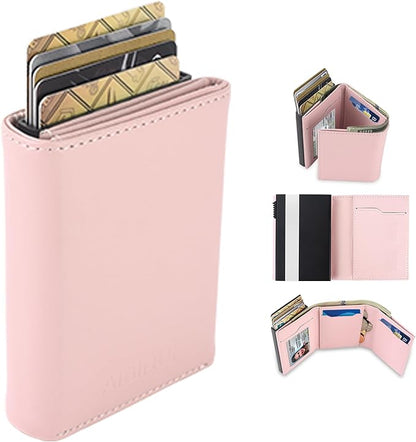 Small Wallet for Men-Pop Up Card Case,with Money Clip Slim Leather Slots Credit Card Holder RFID Blocking Trifold Minimalist Wallet with ID Window and Coin Purse(Pink Small Wallet for Men Gift