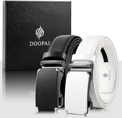 DOOPAI Men's 2 Pack Ratchet Dress Belt - Adjustable 1 3/8" Genuine Leather, Size Length Can Be Cut, With Gift Box