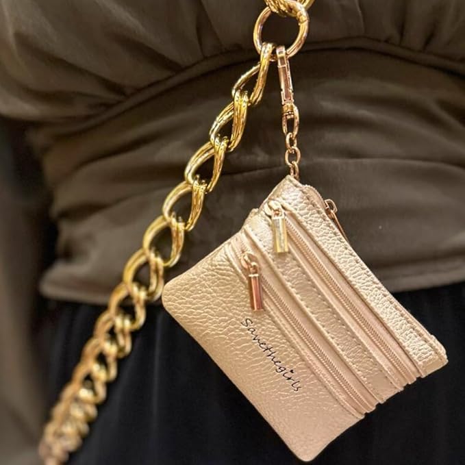 Save the Girls Clip and Go Double Link Chain (Gold - Gold Pouch) – Stylish Phone Lanyard Crossbody with Wallet for Women, Hands-Free Carrying and Adjustable Crossbody Chain Strap