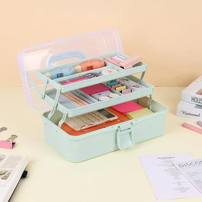 Tackle Box, Craft Organizers and Storage 3-Layer Portable Folding Toolbox, Plastic Tool Box with Handle for Sewing Supplies, Medicine, Art Supplies, Nails and Hair Accessories (Haze Green, 12.5inch)