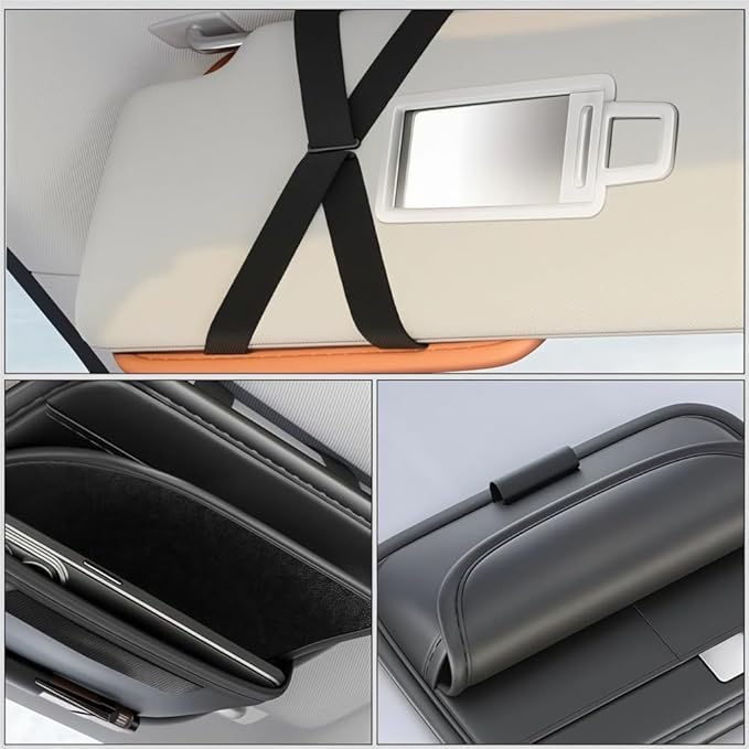 GGCLIMAX Car Organizers And Storage Luxury Leather Car Sun Visor Organizer Multi Compartment Eyeglasses Card And Pen Holder Universal Fit 3 Color Options(Beige-1pc)