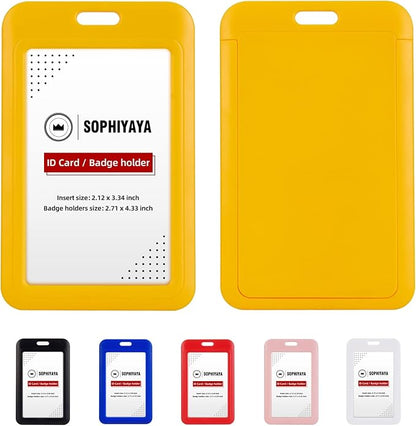 2 Pack Sliding ID Badge Holder - Heavy Duty Hard Plastic Card Sleeve Secures Work ID, Key Card, Credit Cards for Office, Factory, Hospital & School (Yellow)