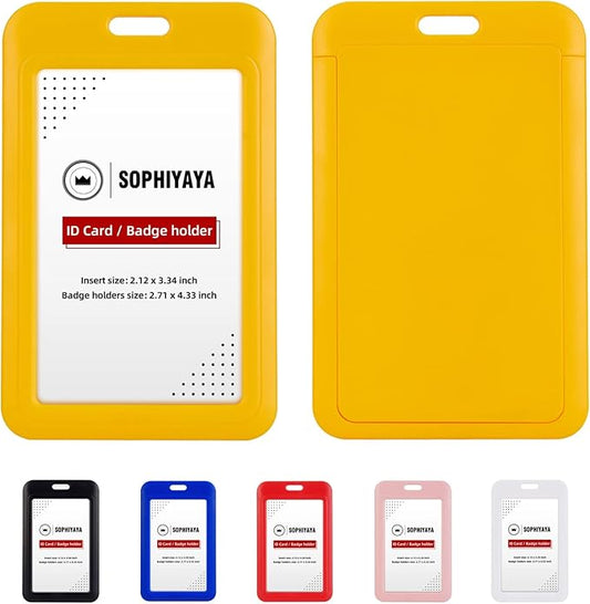2 Pack Sliding ID Badge Holder - Heavy Duty Hard Plastic Card Sleeve Secures Work ID, Key Card, Credit Cards for Office, Factory, Hospital & School (Yellow)