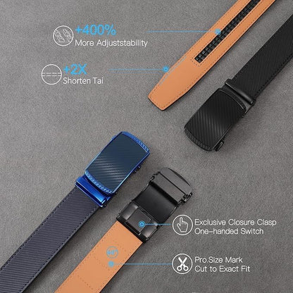 SENDEFN Leather Belt for Men Automatic Ratchet Buckle Slide Dress Casual Belts 1 3/8'' Wide Adjustable Trim to Fit(Black-20)