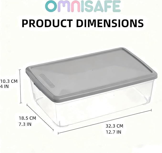 Stackable Plastic Storage Shoebox, BPA-Free Nestable Container with Latching Lid to Organize Shoes, See-Through Box for Home and Office, Multi-Purpose Storage Case, Clear Bins (12 Pack 6 Quart Gray)