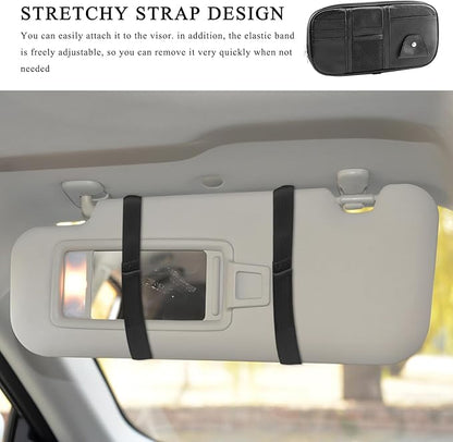 Car Sun Visor Organizer, Leather Multi-Pocket Visor Organizer Pouch with Double Zippers Net, Sunglass Holder Storage Pocket for License Pen Key Card Registration Document (Black)