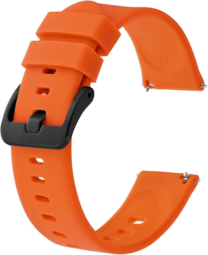 BISONSTRAP Silicone Watch Bands, Slim Watch Straps with Quick Release, 22mm, Orange with Black Buckle