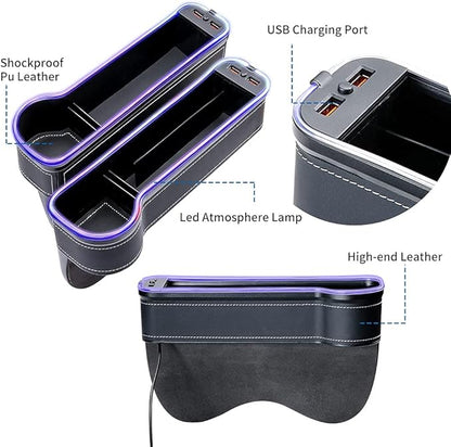 2 Pack Car Seat Gap Organizer,Multifunctional Seat Gap Storage Box with USB Fast Charger, Car Seat Pockets with Led Light, Car Seat Gap Filler with Cup Holder (Black)