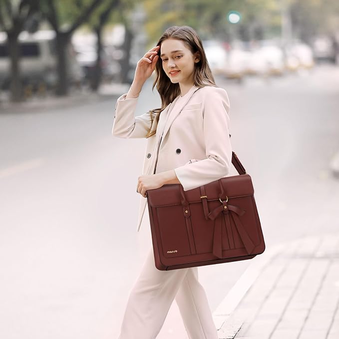 MOSISO Laptop Bag for Women, 15-15.6 inch PU Leather Laptop Shoulder Bags Convertible Backpack, 16 inch Messenger Bags Casual Handbag Work Briefcase Travel Computer Bag with Bowknot, Brown