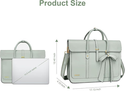 MOSISO Laptop Bag for Women, 15-15.6 inch PU Leather Laptop Shoulder Bags Convertible Backpack, 16 inch Messenger Bags Casual Handbag Work Briefcase Travel Computer Bag with Bowknot, Sage Green