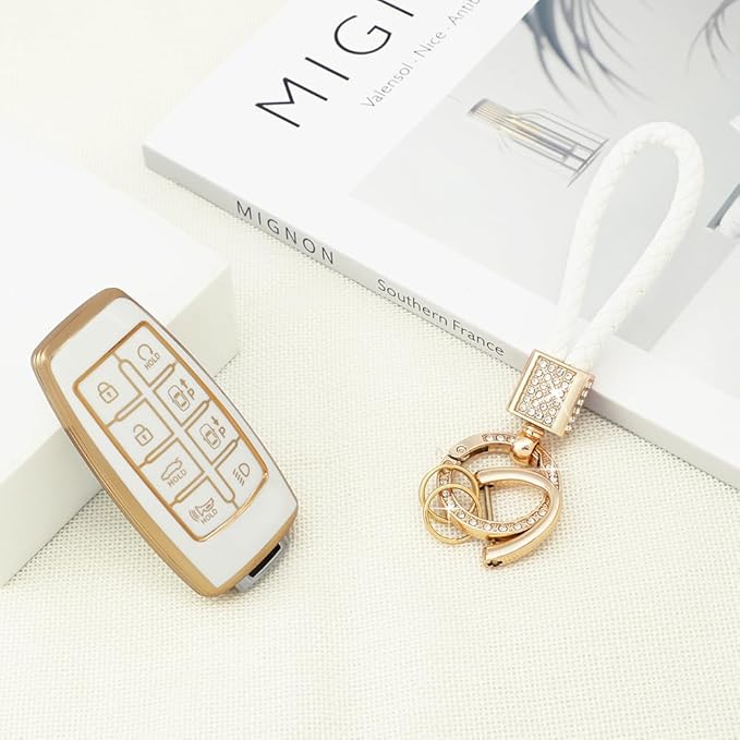 PIFOOG Key Fob Cover for Genesis GV70 GV80 2023 2022 2021 Accessories 8 Buttons Car Keys Case Shell with Cute Girly Keychain Ring Protector Bling White Gold TPU Women Gifts
