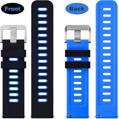 WOCCI 19mm Bicolor Watch Band, Silicone Rubber, Quick Release Replacement Strap for Men and Women, Silver Stainless Steel Buckle (Black-Blue)