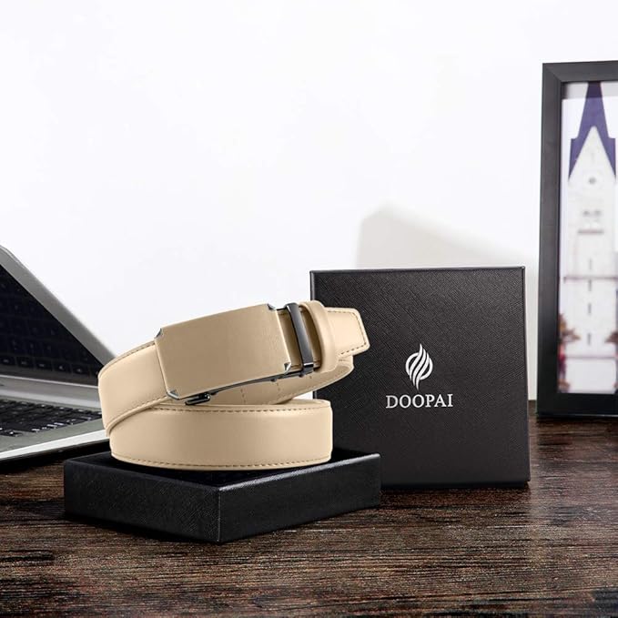 DOOPAI Men's 2 Pack Ratchet Dress Belt - Adjustable 1 3/8" Genuine Leather, Size Length Can Be Cut, With Gift Box