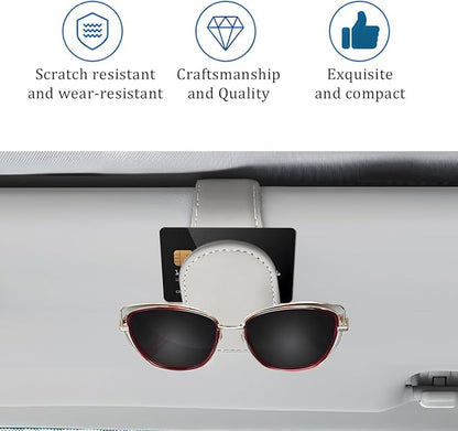 Car Sunglass Holder, Magnetic Leather Vehicle Sun Visor Eyeglass Hanger Clip, Automotive Interior Sunglass Ticket Card Organizer Mount Accessories, Universal for Most Cars (White)