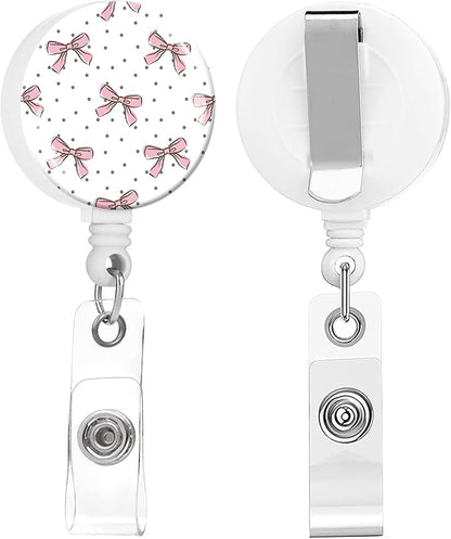 2 Pack Badge Reels Holder Retractable with ID Clip for Nurse Name Tag Card Nursing for Doctor Teacher Student Employee Office Medical Work (Pink Ribbon Bow)
