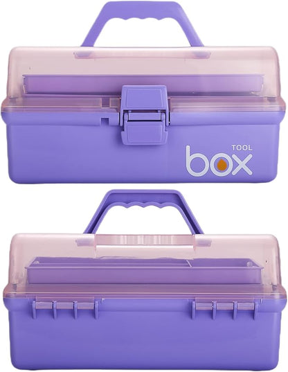 Kinsorcai 2PCS 12'' Three-Layer Clear Plastic Storage Box/Tool Box, Multipurpose Organizer and Portable Handled Storage Case for Art Craft and Cosmetic (Purple)
