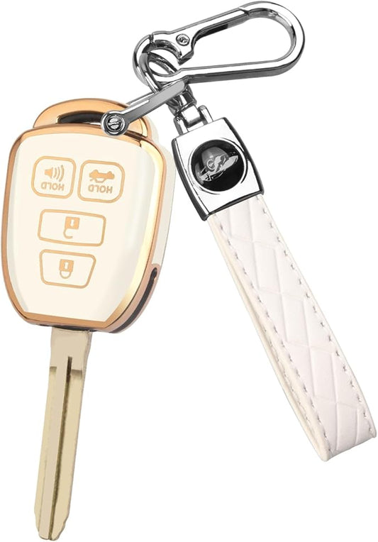 MILD EAST for Toyota Key Fob Cover with Metal Key Chain, Soft TPU Easy to Press Key Fob Shell Case for 2012-2019 Camry Corolla Rav4 Tacoma Highlander Avalon Venza, White