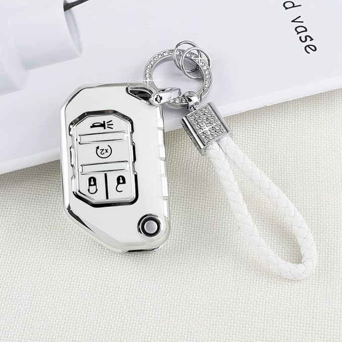 PIFOOG TPU Key Fob Cover for Jeep Wrangler JL JLU Gladiator JT 2018-2022 Accessories Cute 4 Button Car Keys Shell Case Glitter Keychain Girly Women (Not Fit Wrangler JK)
