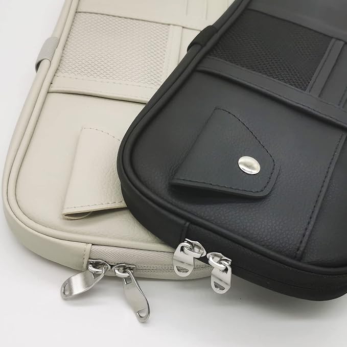 Da by Car Visor Organier Truck SUV Sun Visor Storage Pocket PU Leather Pouch Holder with Multi-Pocket Double Zipper Net Pocket, for Cards Pens Sunglasses Document (Black)