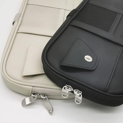Da by Car Visor Organier Truck SUV Sun Visor Storage Pocket PU Leather Pouch Holder with Multi-Pocket Double Zipper Net Pocket, for Cards Pens Sunglasses Document (Black)