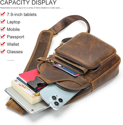 NIUCUNZH Genuine Leather Sling Bag Front Metal-Latch Crossbody Bags Handmade Vintage Chest Shoulder Backpack for Women Men
