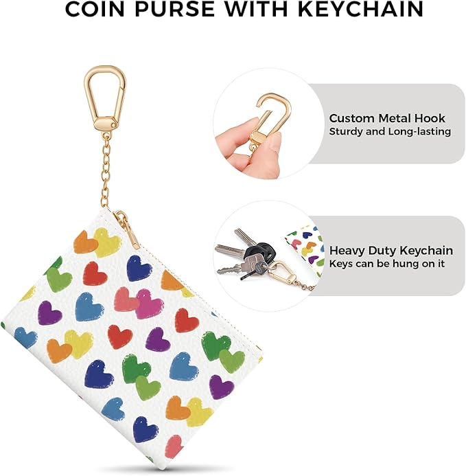 Love Hearts Keychain Coin Purse for Women, Small PU Leather Change Pouch, Zipper Little Tiny Travel Wallet for Girls, Cute Kawaii Zip Pocket Coin Holder with Key Ring