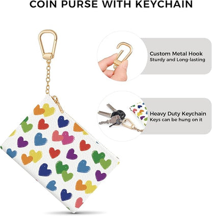Love Hearts Keychain Coin Purse for Women, Small PU Leather Change Pouch, Zipper Little Tiny Travel Wallet for Girls, Cute Kawaii Zip Pocket Coin Holder with Key Ring