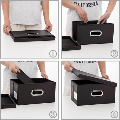 PRANDOM Collapsible Storage Box with Lid [1-Pack] Leather Fabric Foldable Storage Bin Organizer Container Basket Cube with Cover for Home Bedroom Closet Office Nursery Black (13.6x9.6x6.9)