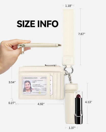 BOSTANTEN Keychain Wallet RFID Leather Credit Card Holder Wristlet Wallets for Women with Coin Purse ＆ Lipstick Case White