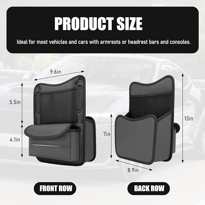 Car Organizer Storage Between Seats, Nappa Leather Front Seat Storage Bag with Tissue Holder, Automotive Console Hanging Net Pocket Handbag Holder for Phone Document (Gray)