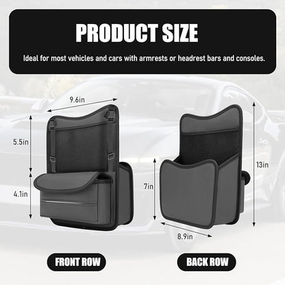 Car Organizer Storage Between Seats, Nappa Leather Front Seat Storage Bag with Tissue Holder, Automotive Console Hanging Net Pocket Handbag Holder for Phone Document (Gray)