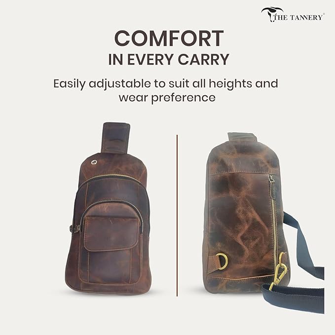 The Tannery Handmade Buffalo Leather Multipurpose Travel Hiking Crossbody Chest Backpack with Adjustable Shoulder Strap, Thanks Giving (Dark Brown, Large)