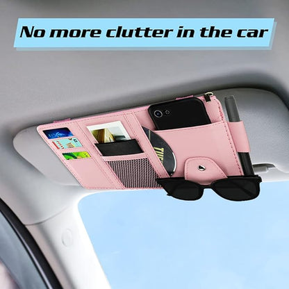 Car Sun Visor Organizer, Leather Pocket Organizer Sunglass Holder for Car Interior Accessories with Multi-Pocket Net Zipper, Pink