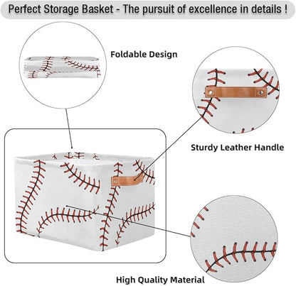 AUUXVA Baseball Stitches Laces Softball Storage Basket - Large Fabric Bin With Handles for Toys, Collapsible Closet Shelf Cloth Organizer for Nursery Bedroom, 2 PCS