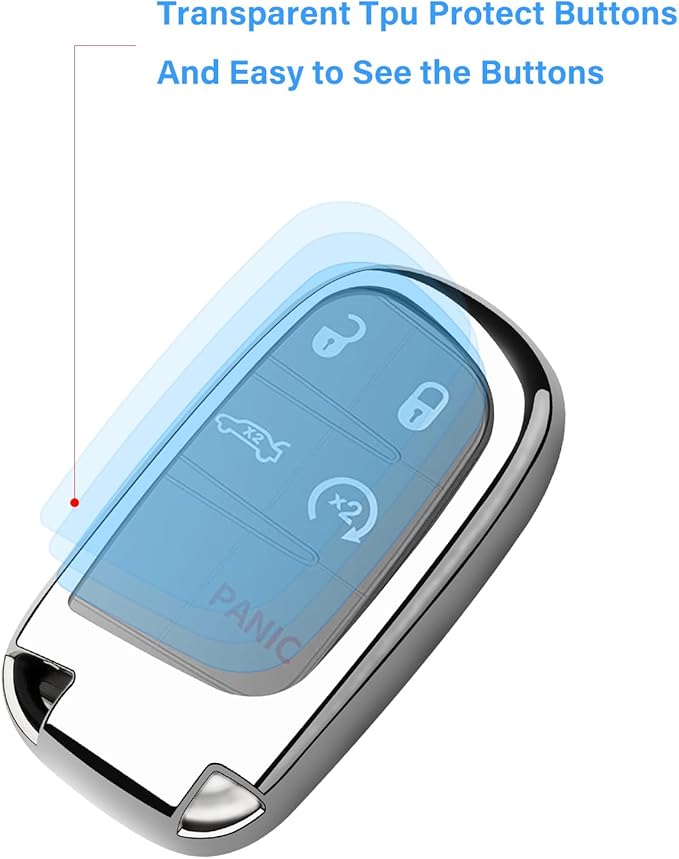 XIYANG TRADE for Jeep Key Fob Cover with Keychain,Soft TPU Key Case Shell Full Protection for Grand Cherokee Renegade Chrysler 200 300 Dodge RAM Durango Challenger Journey Dart Compass Charger(Silver)